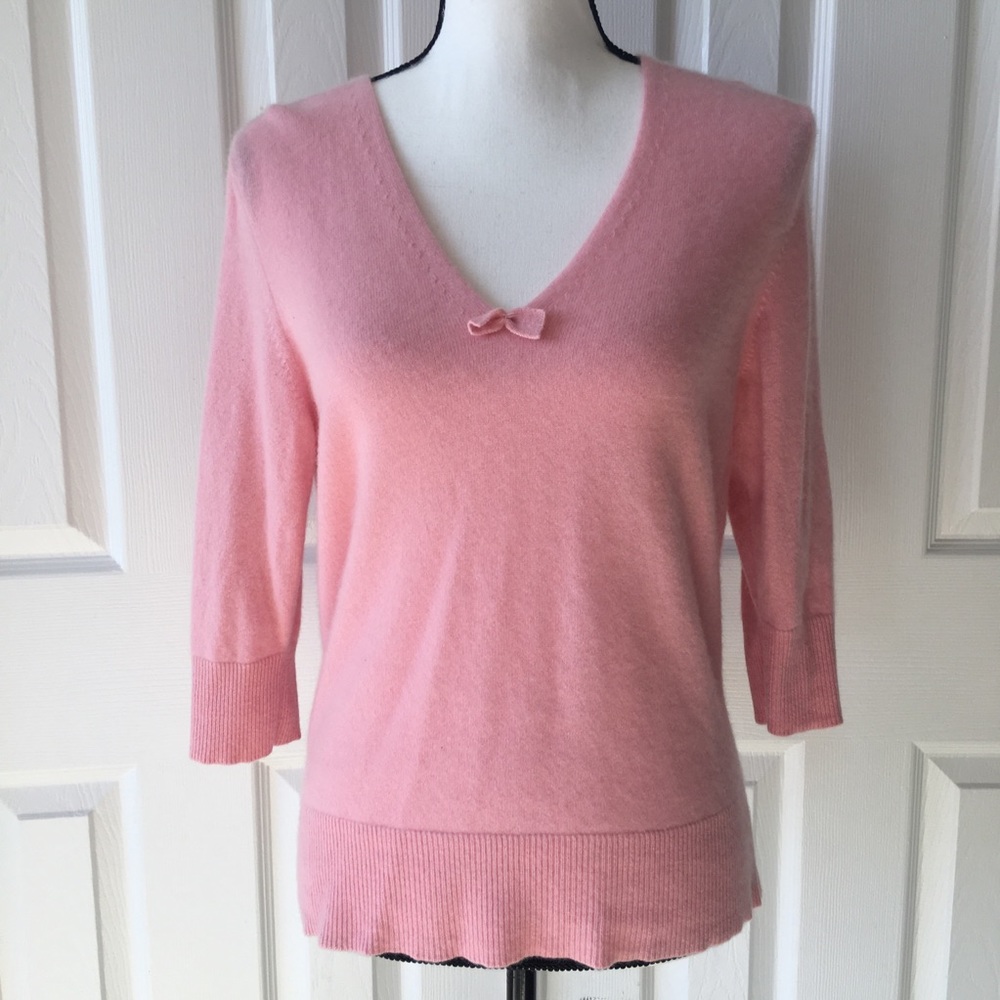 Ann Taylor Cashmere sweater Barbie Pink bow v neck